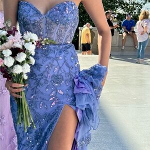 Sherri Hill 56305 periwinkle strapless prom formal dress corset tassels slit- 0